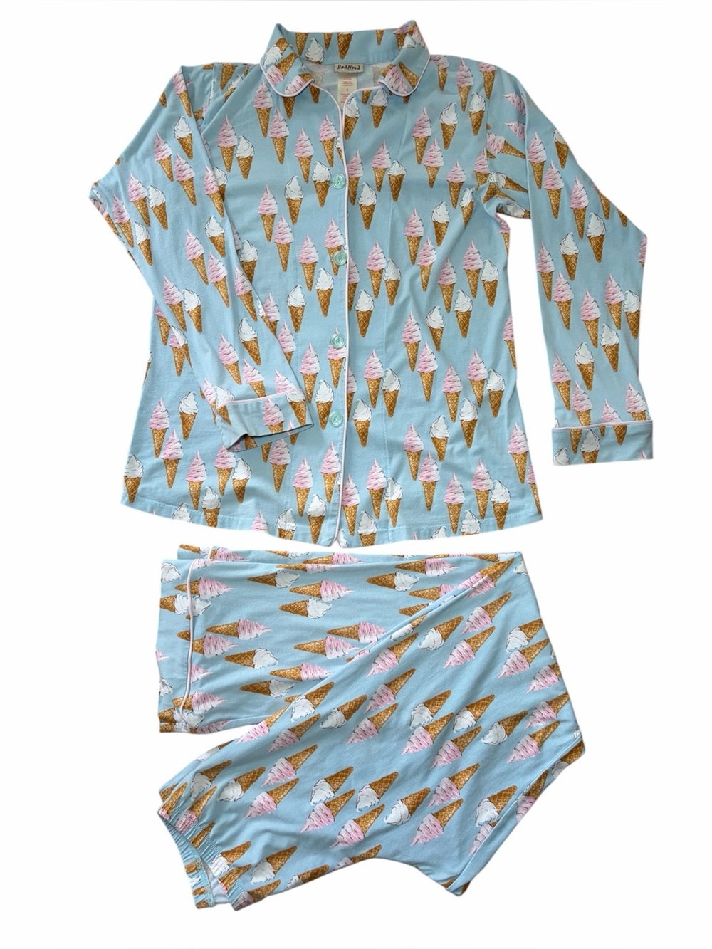 BedHead Pajamas SMALL Ice Cream Cones Light Blue Button-Down Elastic Waist